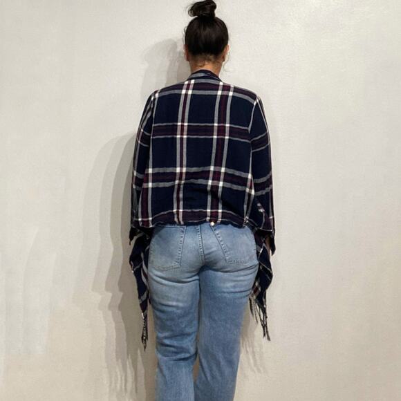 Charming Charlie Blue Plaid Fringe Long Sleeve Open Front Blouse Sz L - Picture 10 of 12